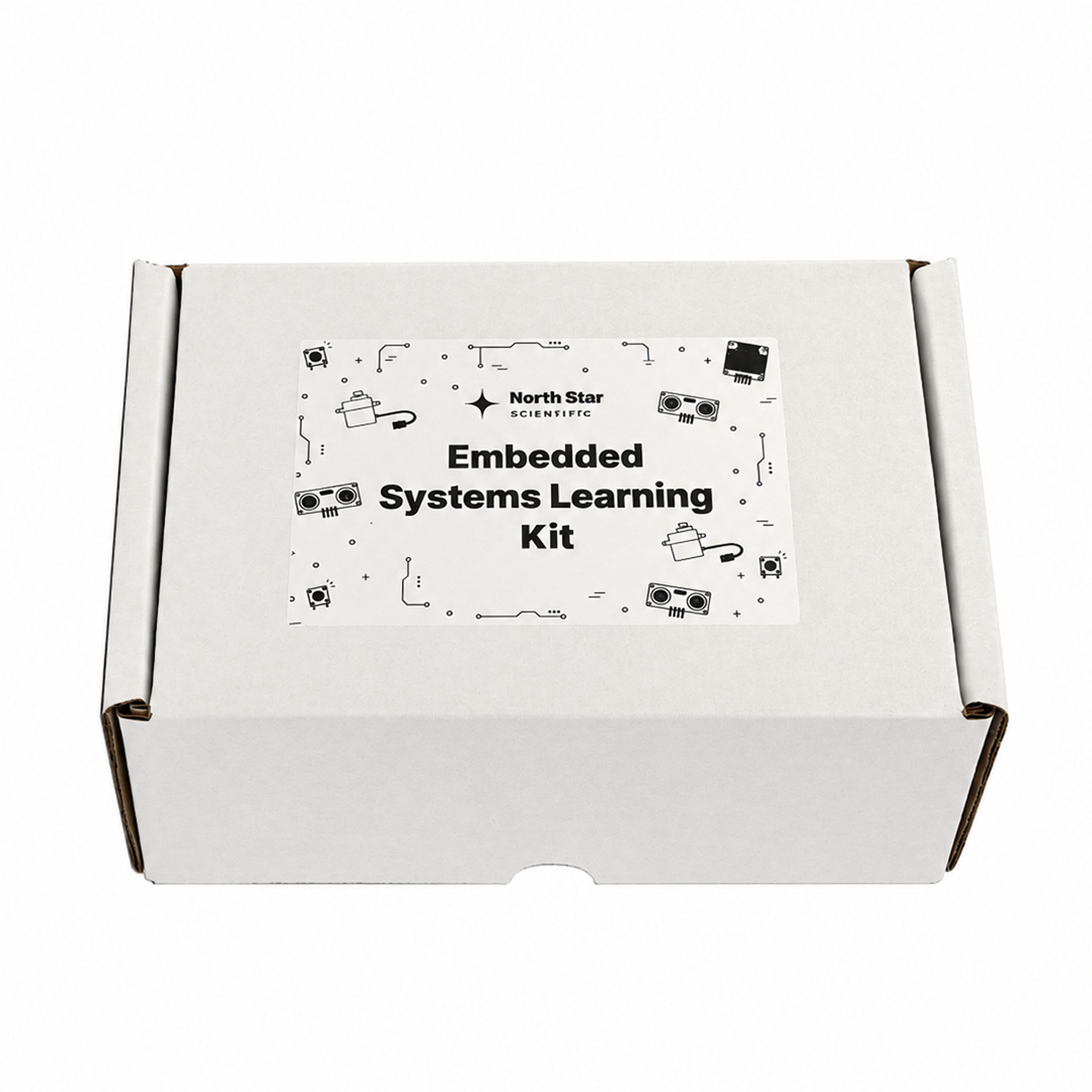 A white cardboard box with a printed label reading 'North Star Embedded Systems Kit' on a clean white background.
